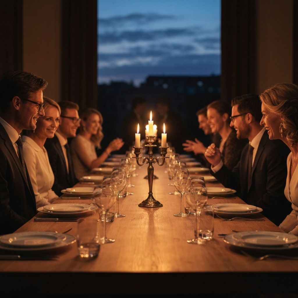 Festlich gedeckter deutscher Abendtisch mit Kerzen und Gaestern